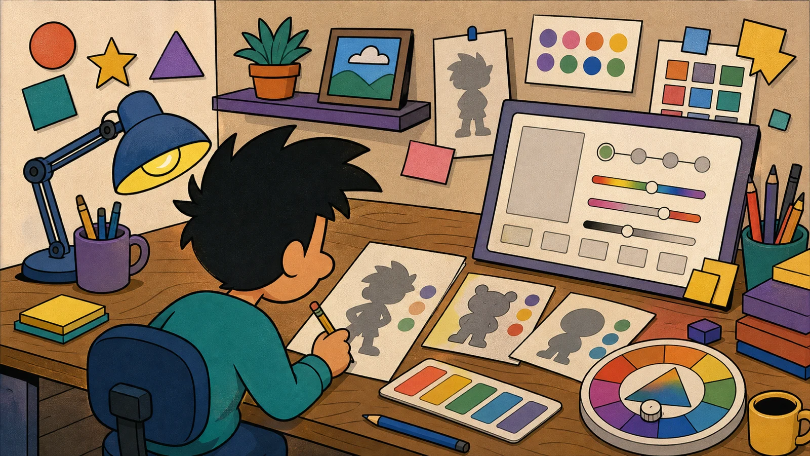 Retro cartoon creator workbench with color swatches, generic character cards, and HSB tools