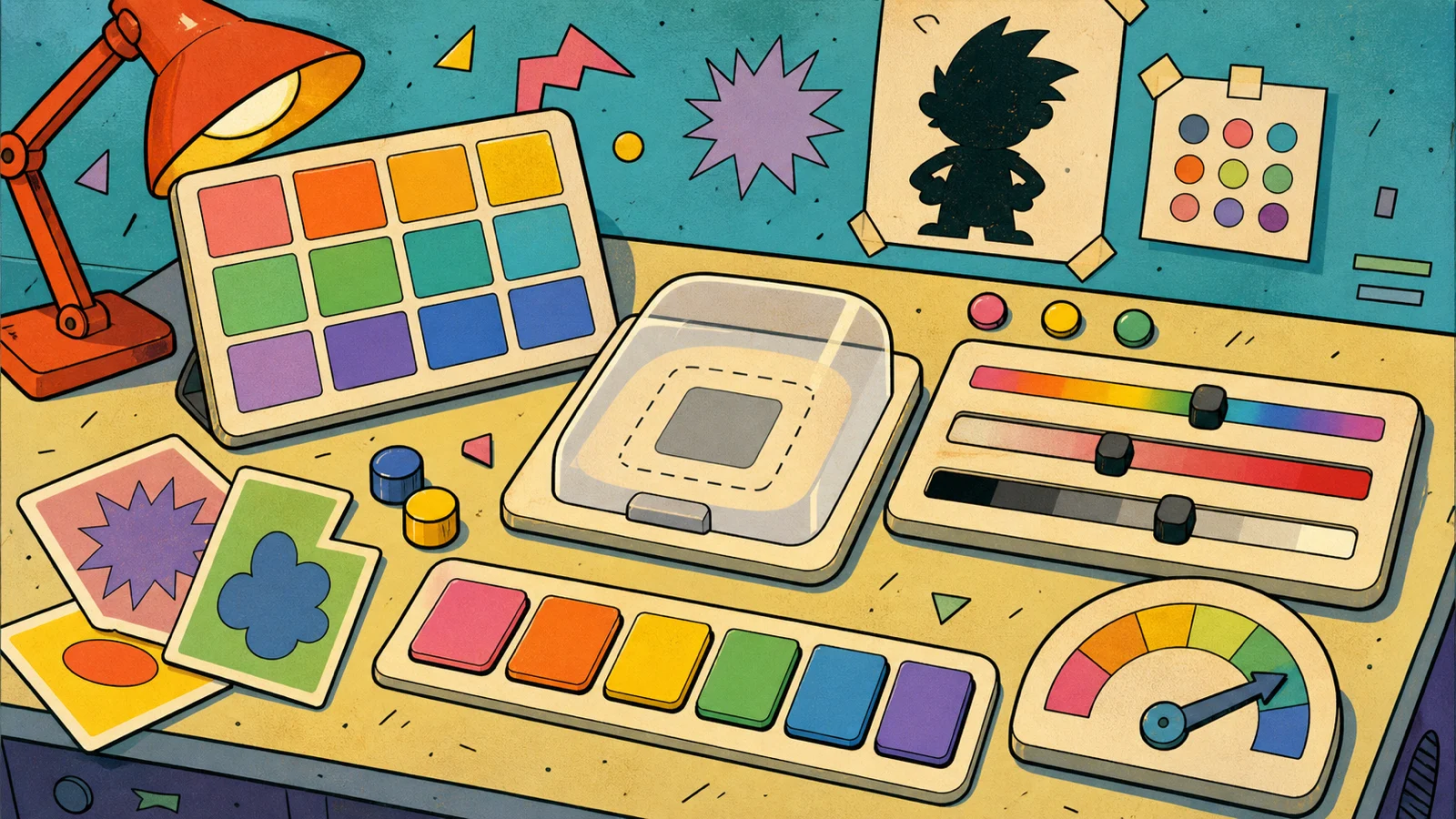 Retro cartoon color lab with swatches, hidden target color, sliders, and score gauge