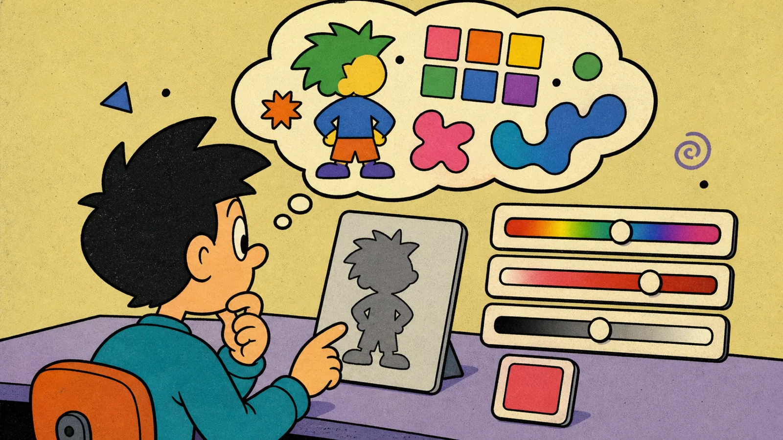 Retro cartoon memory scene with a gray character card, colorful thought bubble, and color controls