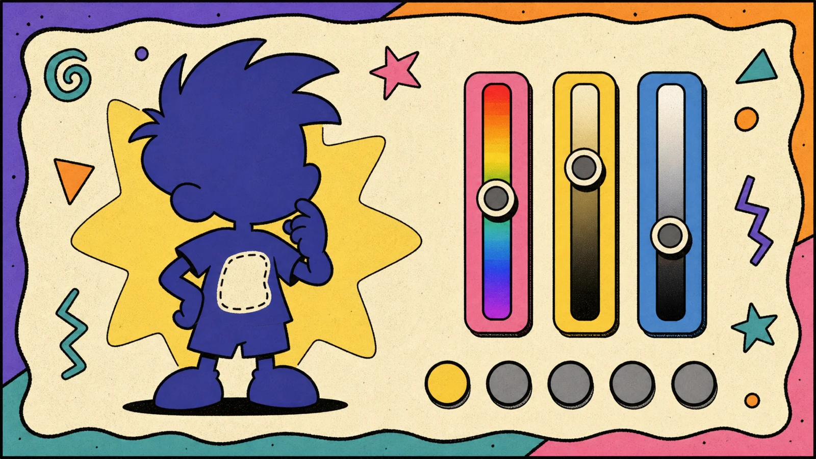 Retro cartoon guide scene with color sliders and five round progress dots