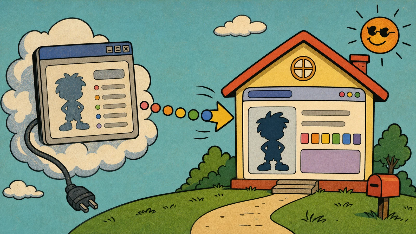 Retro cartoon migration scene from a temporary preview window to a stable web home