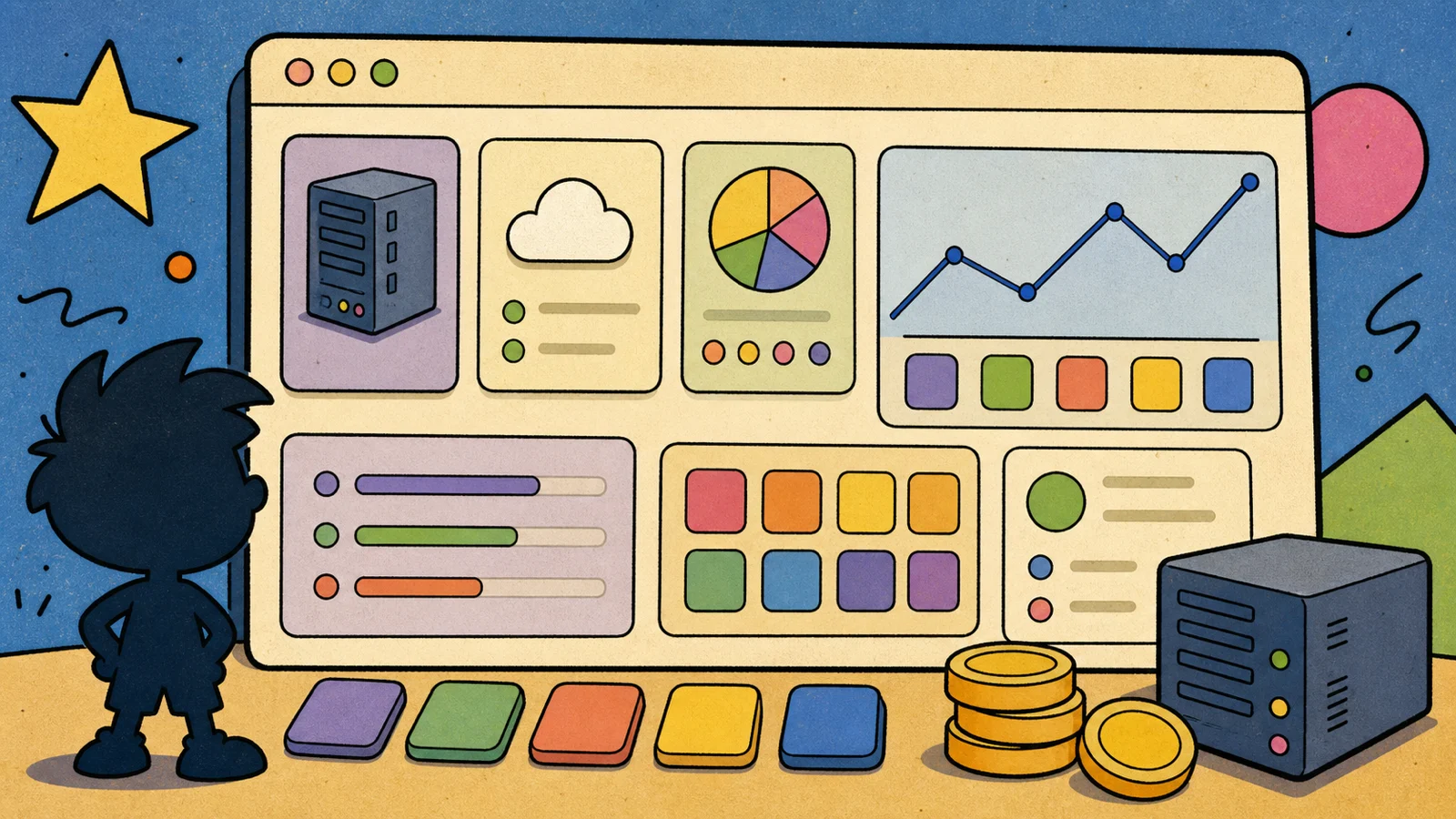 Retro cartoon operations dashboard with blank cards, server icon, coins, chart, and color swatches