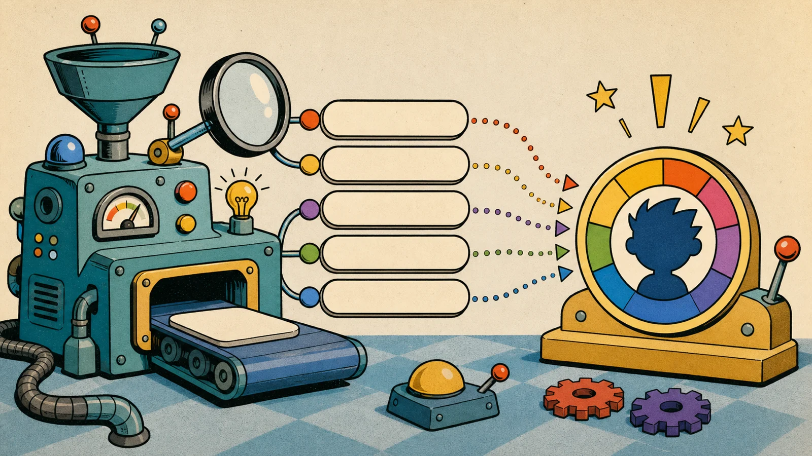 Retro cartoon search help scene with blank query bars flowing into a colorful game marker